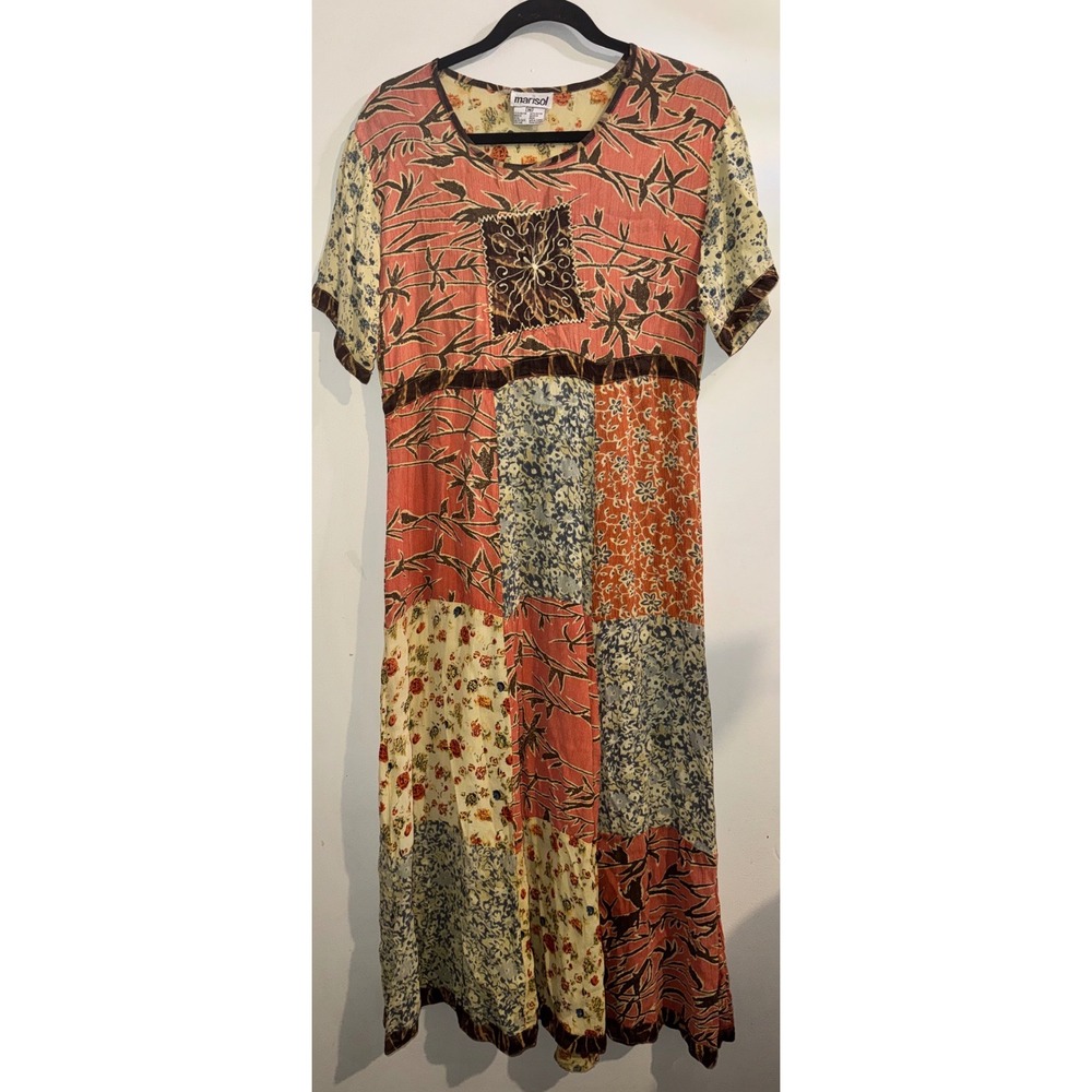 Vtg 90s Marisol Sz M Patchwork Midi Dress Rayon Floral Boho Hippie Multi Color